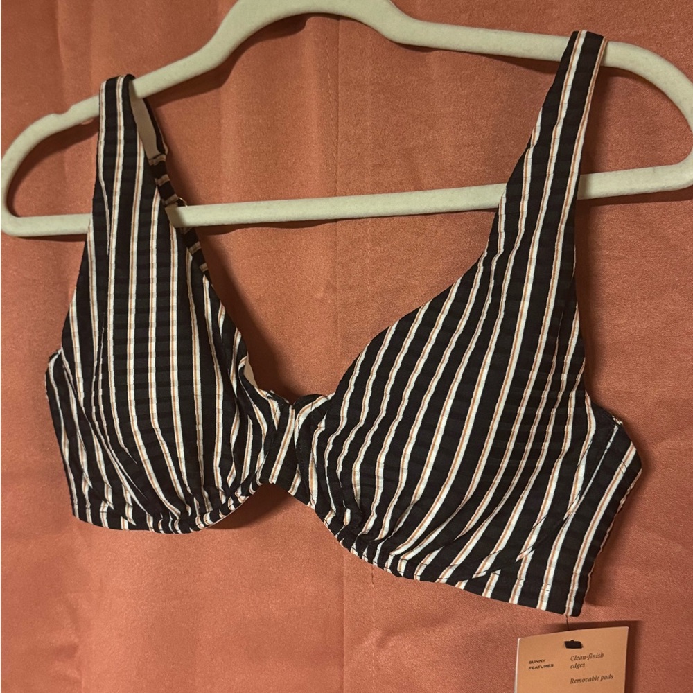 Shade & Shore Black and Cream Striped Underwire Bikini Top